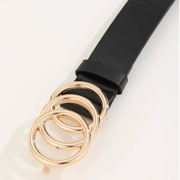 Vegan Leather 3-Ring Buckle Gold Color Belt Black - Picture 2 of 4